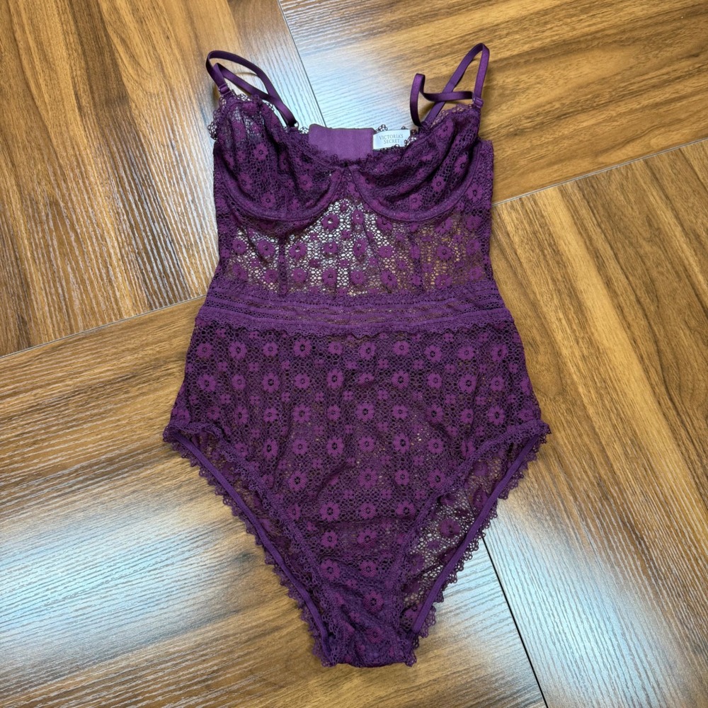 Victorias Secret Plum Purple Floral Lace Teddy Bodysuit Underwire Small - Picture 2 of 7